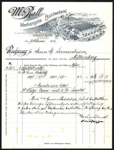 Rechnung Amberg i. Bayern 1904, M. Rall, Mechanische Buntweberei, Das Fabrikgelände aus der Vogelschau