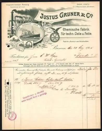 Rechnung Bremen 1905, Justus Gruner & Co., Chemische Fabrik für techn. Oele & Fette, Maschinen und Dampfschiff