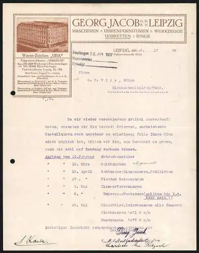 Rechnung Leipzig 1917, Georg Jacob GmbH, Maschinen-, Werkzeug- & Schmuck-Fabrik, Ansicht des Geschäftsgebäudes