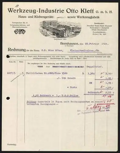 Rechnung Benshausen in Thüringen 1924, Otto Klett GmbH, Hausgeräte- und Werkzeug-Fabrik, Das Werk und die Marke Wiok