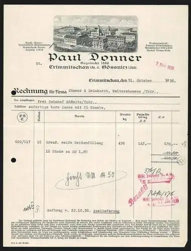 Rechnung Crimmitschau 1938, Paul Donner, Wattefabrik, Blick auf das Geschäftsgelände mit Werk und Verwaltung