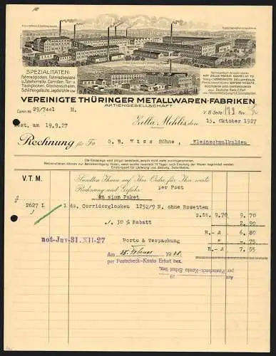 Rechnung Zella-Mehlis 1927, Vereinigte Thüringer Metallwaren-Fabriken AG, Drei ehem. Einzelwerke