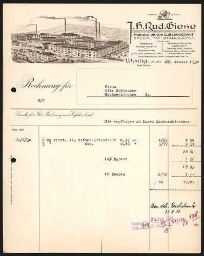 Rechnung Westig i. W. 1934, J. H. Rud. Giese, Fabrikation von Gussstahldraht, Die Betriebsanlage gegen den Bergkamm