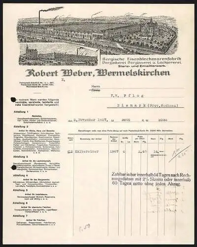 Rechnung Wermelskirchen 1927, Robert Weber, Bergische Eisenblechwarenfabrik, Gesamtansicht mit Geschäftshaus