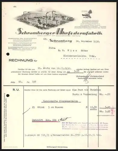 Rechnung Schramberg 1930, Schramberger Uhrfedernfabrik GmbH, Betriebsansicht und Schutzmarke Auerhahn