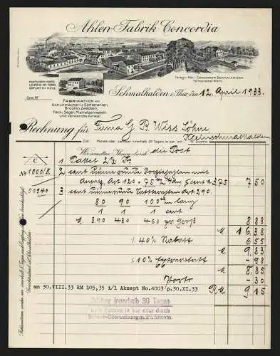 Rechnung Schmalkalden i. Thür. 1933, Ahlen-Fabrik Concordia, Betriebsansicht und Wassermühle