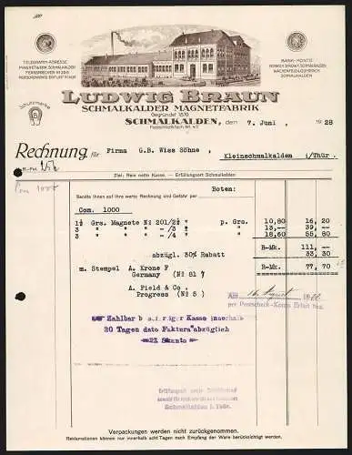 Rechnung Schmalkalden 1928, Ludwig Braun, Magnetfabrik, Betriebsgebäude mit Lagerhof