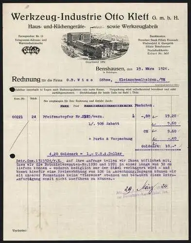 Rechnung Benshausen /Thüringen 1924, Otto Klett GmbH, Haushaltsgeräte- & Werkzeug-Fabrik, Das Betriebsgelände