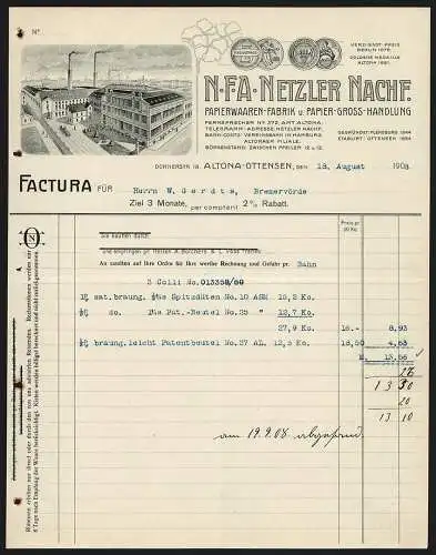 Rechnung Altona-Ottensen 1908, N. F. A. Netzler Nachf., Papierwaren-Fabrik, Geschäftsgelände mit Verladehof, Medaillen