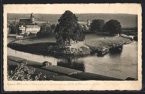 AK Münden / Werra, Flusspartie mit Park