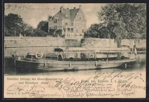 AK Hameln, Hamelner Schleuse mit Wasserbauinspektion und Motorboot Clara