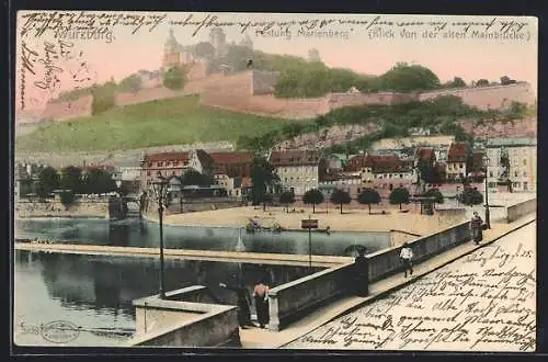 AK Würzburg, Mainufer, Festung Marienberg (Blick von der alten Mainbrücke)