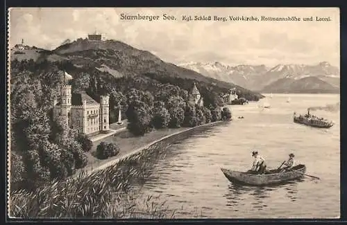 AK Berg /Starnberger See, Kgl. Schloss Berg, Votivkirche, Rottmannshöhe und Leoni