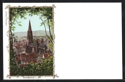 AK Freiburg i. Br., Blick auf Stadt mit Kirche