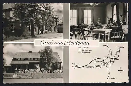 AK Heidenau / Harburg, Heidenauer Hof Sitzbereich mit Gästen und Terrassenanlage, 4 Ansichten