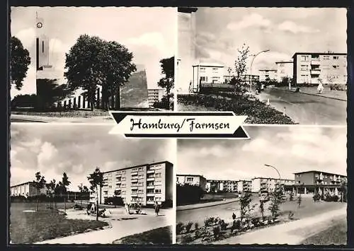 AK Hamburg-Farmsen, Kirche, Strassenpartien mit Neubauten