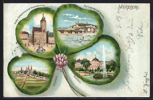 Passepartout-Lithographie Würzburg, Grafen-Eckardtsthurm mit Vierröhrenbrunnen, Residenz, Kleeblatt