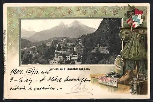 Passepartout-Lithographie Berchtesgaden, Teilansicht des Ortes, Wanderkleidung, Fernglas