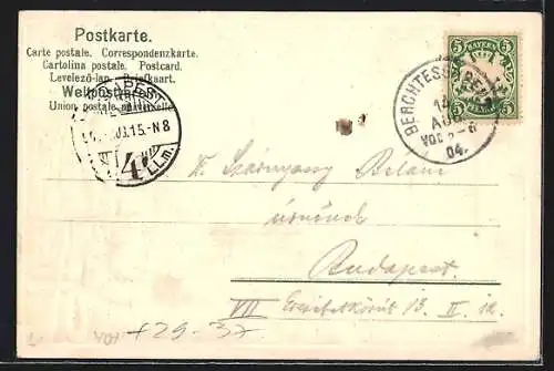 Passepartout-Lithographie Berchtesgaden, Teilansicht des Ortes, Wanderkleidung, Fernglas