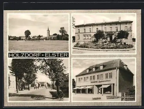 AK Holzdorf / Elster, Bahnhof, Konsum-Landwarenhaus, Teilansicht der Ortschaft