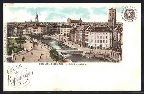 Lithographie Kopenhagen, Holmes Brücke und Kanal mit Schiffen