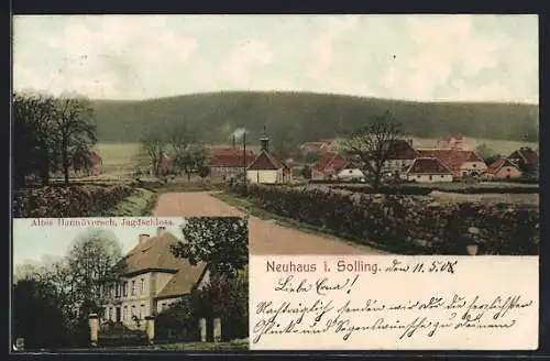 AK Neuhaus / Solling, Altes Hannöversches Jagdschloss, Blick der Strasse entlang zur Ortschaft