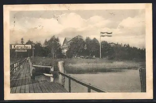 AK Karschau a. d. Schlei, Gasthof Seelust P. N. Desler, von der Brücke gesehen