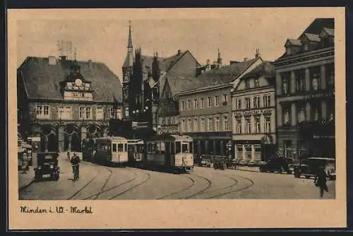 AK Minden / Westf., Hotel Deutscher Hof und Strassenbahnen auf dem Markt