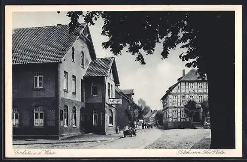 AK Grohnde a. d. Weser, Das Gasthaus v. Karl Meyer vom Thie-Platz aus