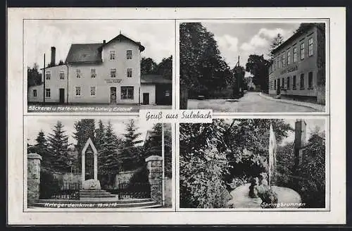 AK Sulzbach / Apolda, Gasthof Sulzbach, Bäckerei und Materialwaren Ludwig Edelhof, Springbrunnen