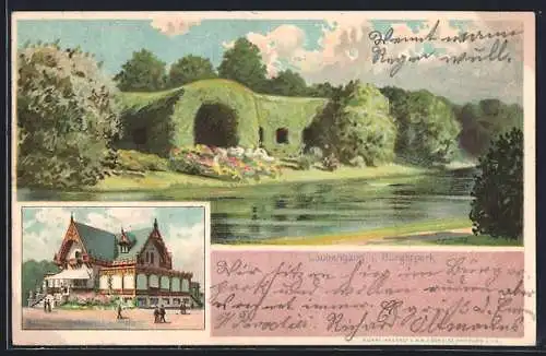 Lithographie Bremen, Meierei, Restaurant und Café, Laubengang im Bürgerpark