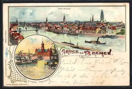 Lithographie Bremen, Totalansicht und Hafenhaus am Feihafen