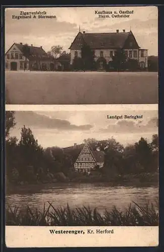 AK Westerenger /Herford, Kaufhaus und Gasthof Herm. Ostheider, Zigarrenfabrik Engelhard & Biermann, Landgut Baringhof