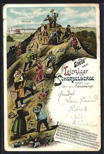 Lithographie Leipzig, Gipfel des Scherbelbergs, Heitere Szene mit Besuchern, Ausblick auf Möckern