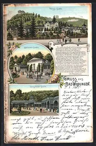 Lithographie Bad Wildungen, Königs-Quelle, Georg-Victor-Quelle, Helenen-Quelle