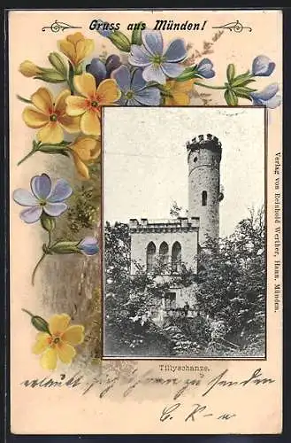 Lithographie Münden / Werra, Partie an der Tillyschanze im floralen Passepartout