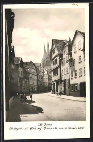 AK Kassel, Schäfergasse mit Blick auf Pferdemarkt und St. Martinstürme