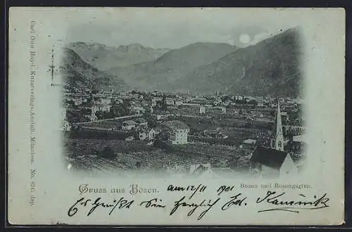 Mondschein-AK Bozen, Ortsansicht mit Rosengarten