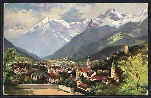 Künstler-AK Meran, Teilansicht mit Bergpanorama