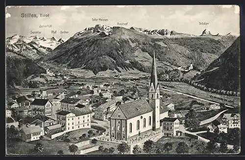 Künstler-AK Stilfes /Tirol, Ortsansicht mit Kirche, Umgebung und Bergen aus der Vogelschau