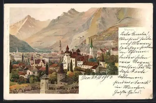Lithographie Meran, Ortsansicht aus der Vogelschau