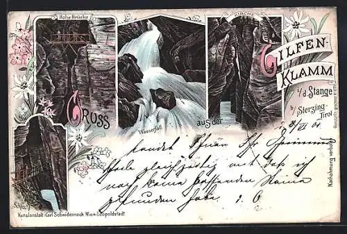 Lithographie Gilfen-Klamm /Sterzing, Hohe Brücke, Kirche, Wasserfall