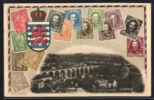 AK Luxembourg, Viadukt im Briefmarken-Passepartout, Wappen