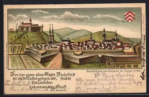 Lithographie Bielefeld, Ortsansicht von der Ostseite im Jahre 1700