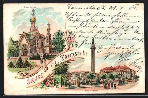 Lithographie Darmstadt, Louisenplatz mit Denkmal, Russ. Kapelle mit Mutter und Sohn