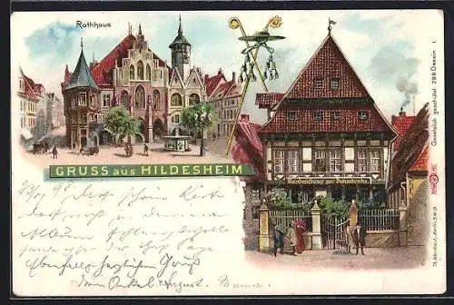 Lithographie Hildesheim, Gasthaus zur Domschenke, Rathaus