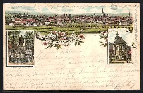 Lithographie Hildesheim, Panorama mit St. Bernward-Denkmal und 1000 jähr. Rosenstock