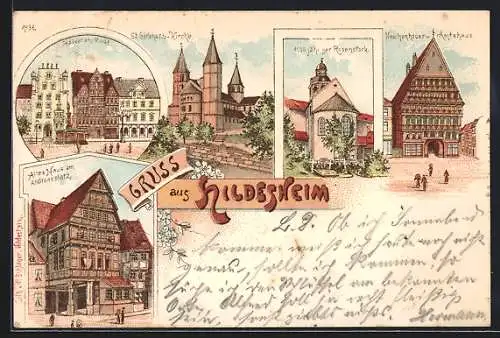 Lithographie Hildesheim, Altes Haus am Andreaplatz, Knochenhauer Amtshaus, Markt