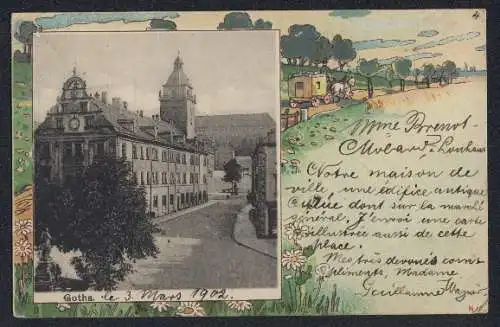 Passepartout-Lithographie Gotha, Strassenpartie mit Turmgebäude und Denkmal, Postkutsche auf der Landstrasse