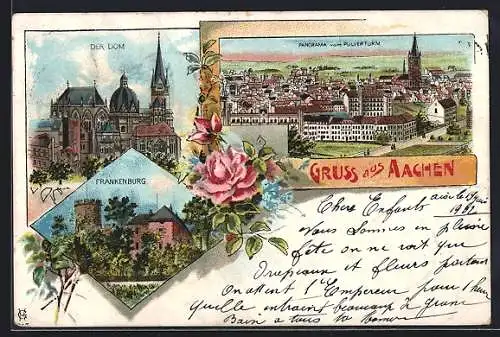 Lithographie Aachen, Panorama mit Frankenburg und Dom